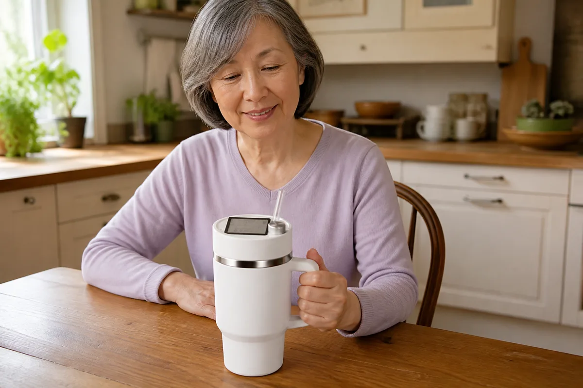 An older adult uses HydroBuddy independently at a kitchen table.