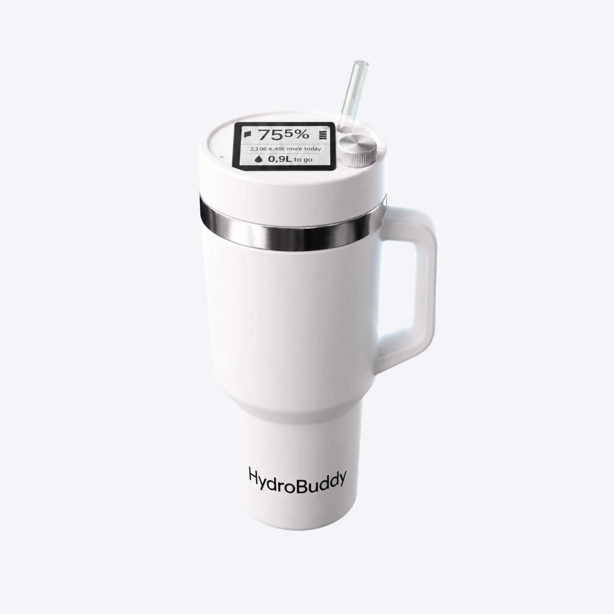 White HydroBuddy tumbler with handle, straw, top display, and rotary control.