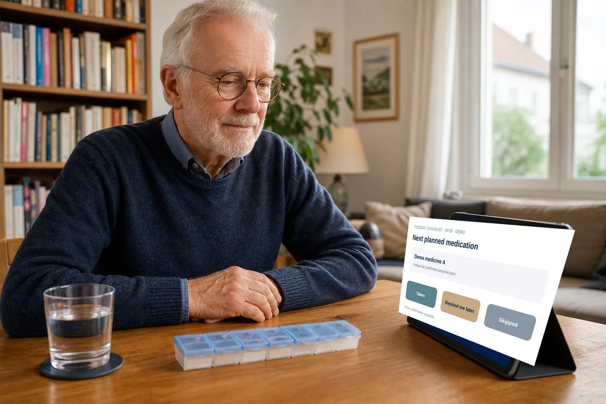 An older adult reviews a medication reminder and confirms the routine on a tablet.