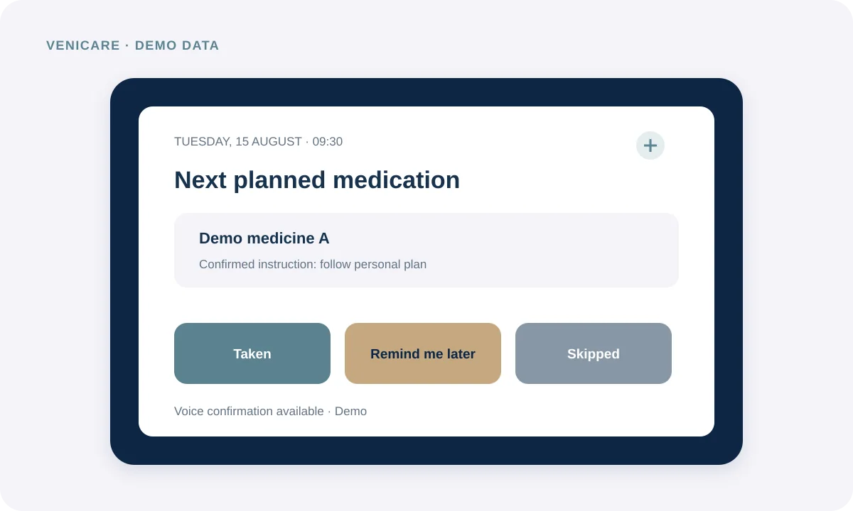 Medication Control demo screen showing the next planned medicine and large Taken, Remind me later, and Skipped actions.