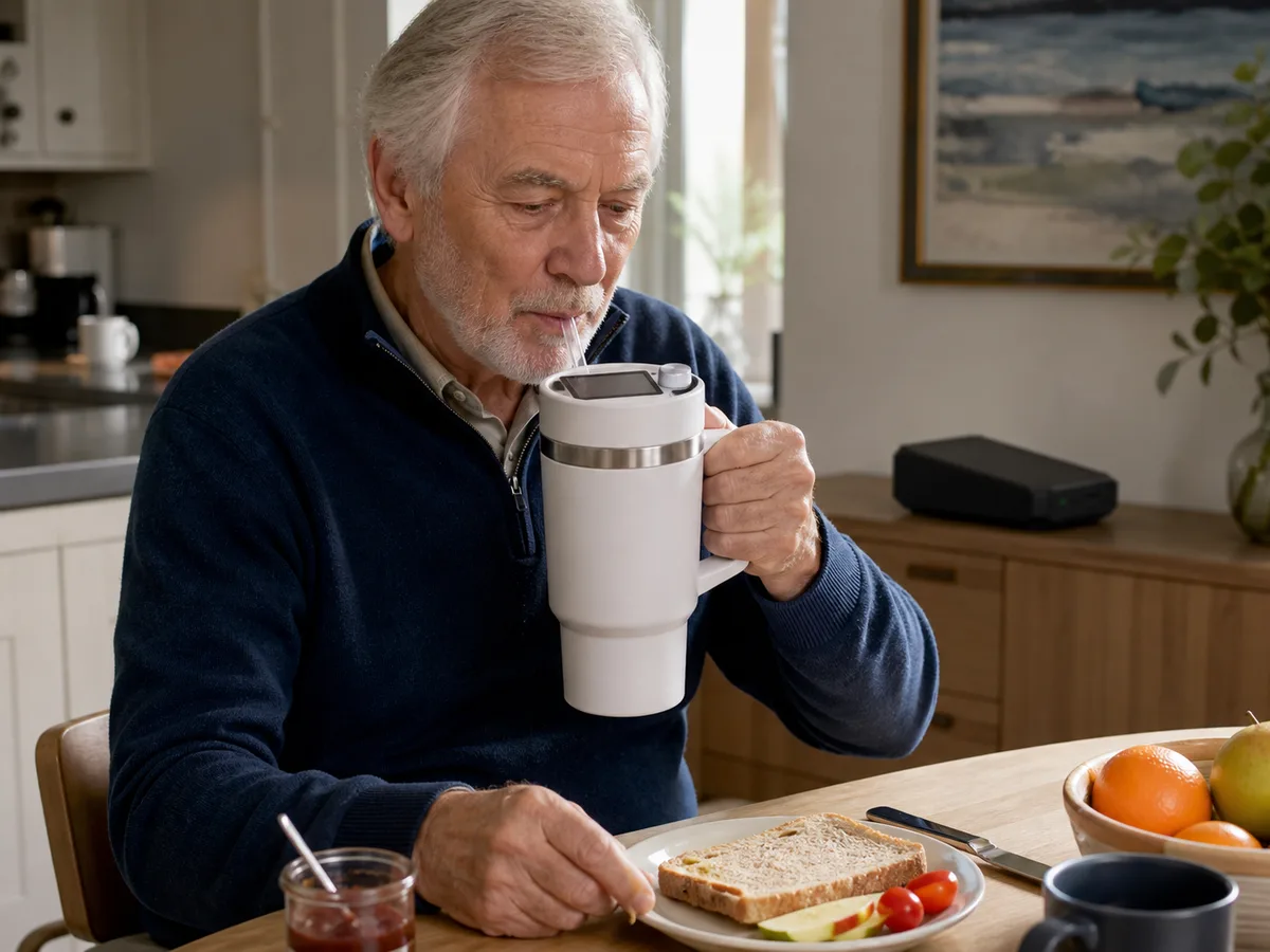 An older adult independently uses HydroBuddy during breakfast at home.