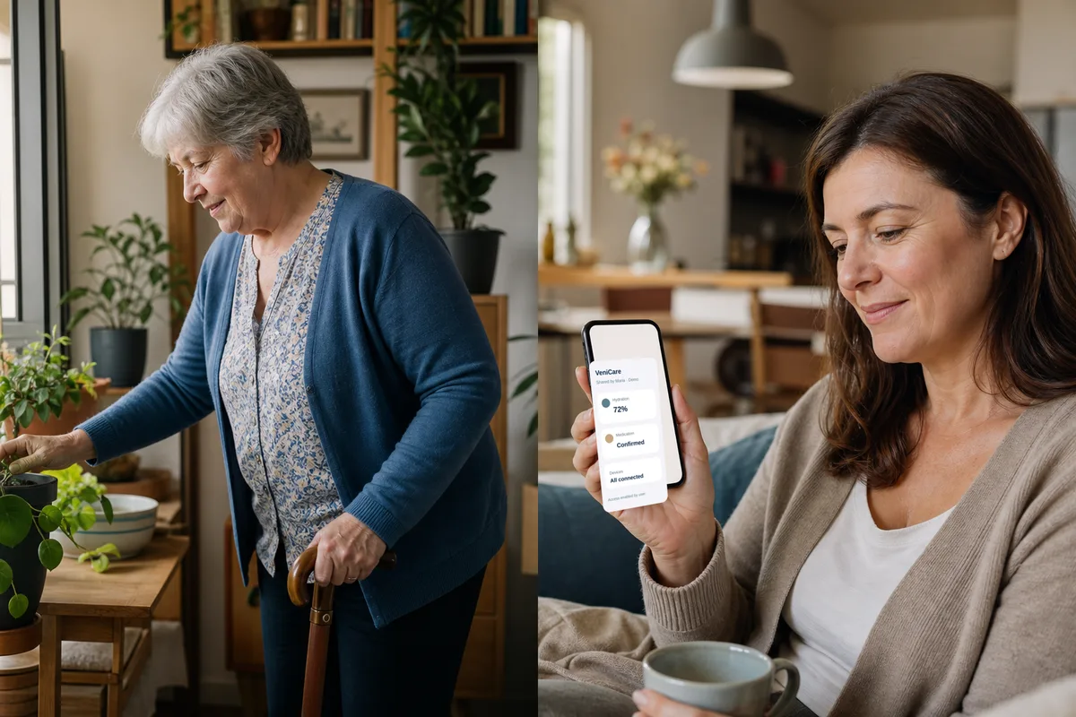 An older adult tends plants at home while a family member checks a permission-based VeniCare summary elsewhere.