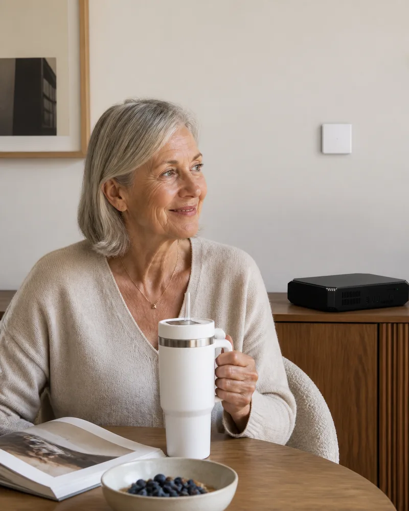 An older adult at home with HydroBuddy on the table and the local VeniHUB working discreetly nearby.