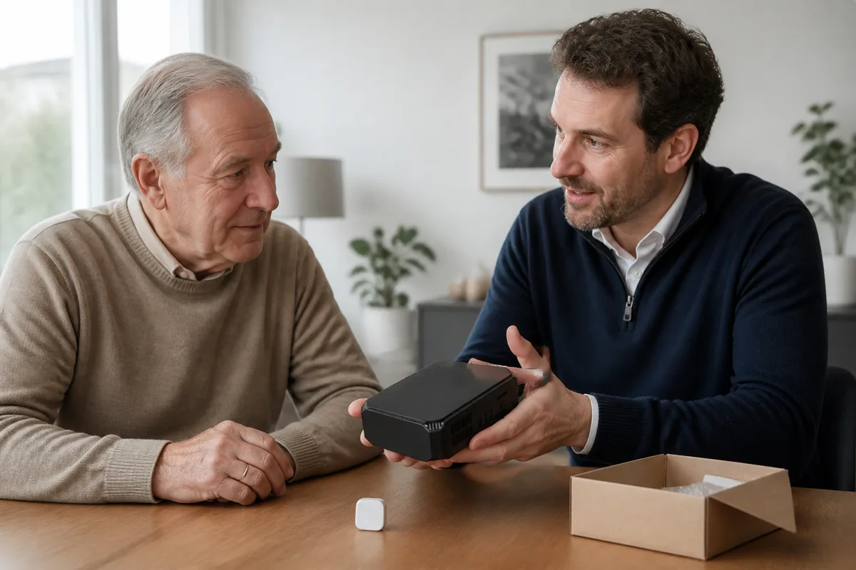 An older adult participates while an installer explains the local VeniHUB prototype and a camera-free sensor.