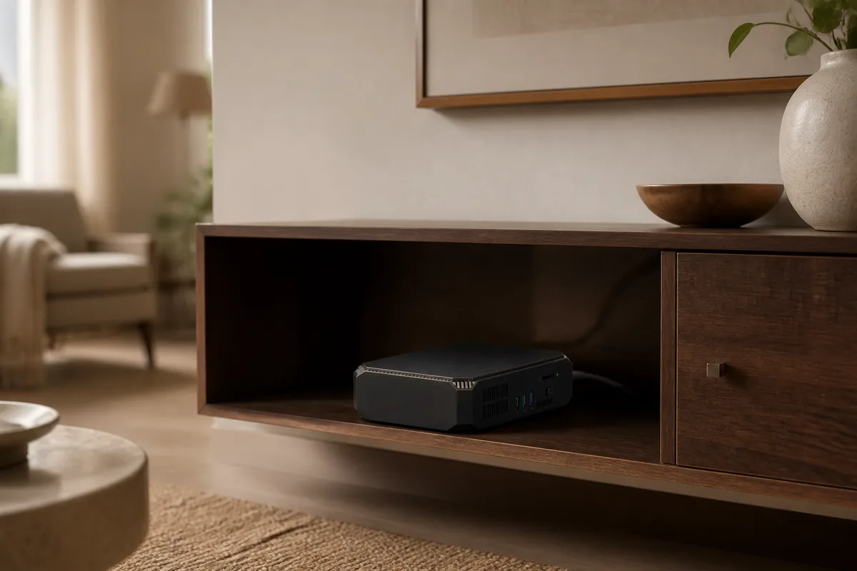 The compact VeniHUB prototype installed discreetly on a living-room sideboard.