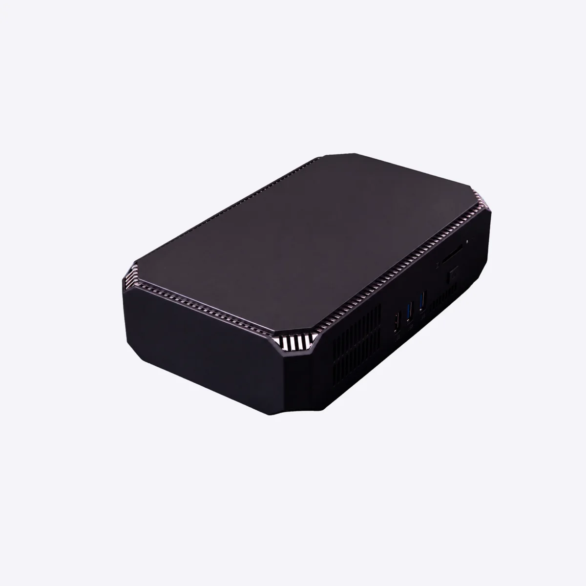 Compact black VeniHUB prototype shown from a front three-quarter angle.