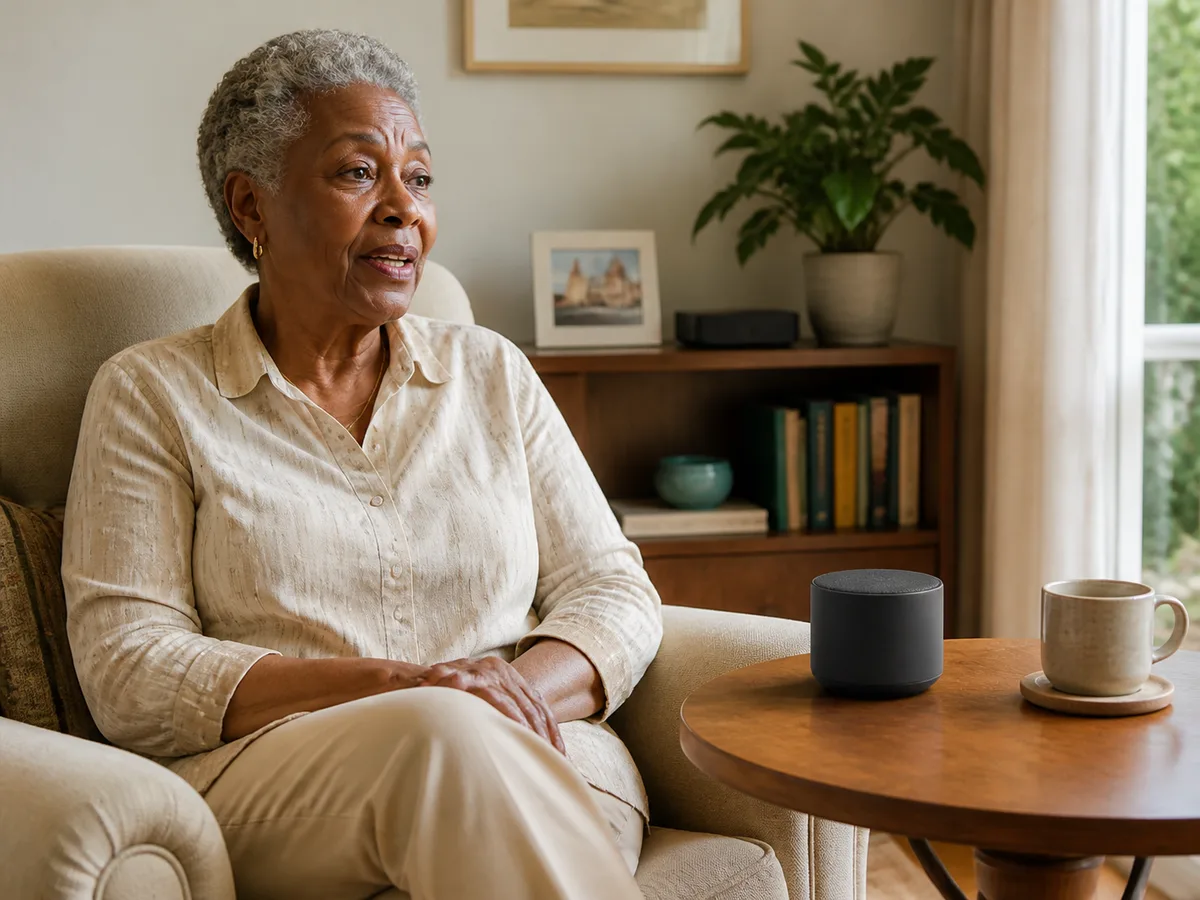 An older adult using hands-free voice interaction with a local VeniCare device.